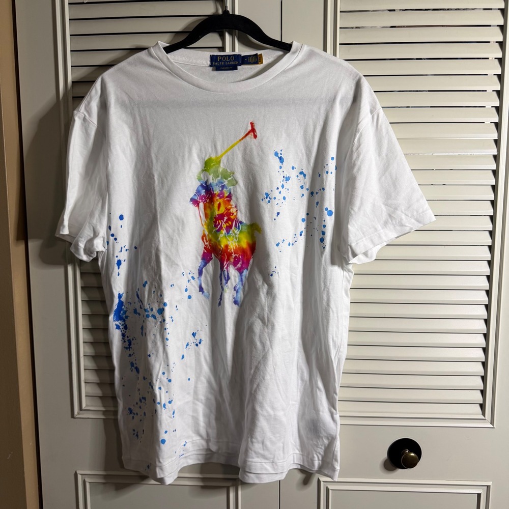 Polo Ralph Lauren Mens White Rainbow Tie Dye Big Pony Paint Splatter T-Shirt M